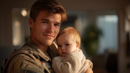 Soldier returning home from service meeting baby daughter for first time, emotion of pride and tears visible, symbolizing reunion, emotional healing, and family restoration after long separation.