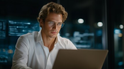 Young professional reviewing digital life insurance policy on sleek laptop with futuristic holographic overlays, representing responsible planning, financial foresight, and protection for future