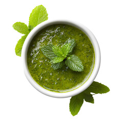 Green mint sauce white bowl top view isolated on transparent background