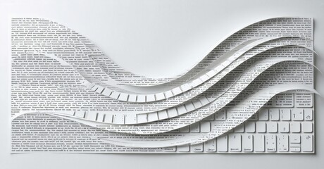 White keyboard transformed into wavy paper layers. Text covers surface, creating abstract landscape effect. Minimalist, modern design.