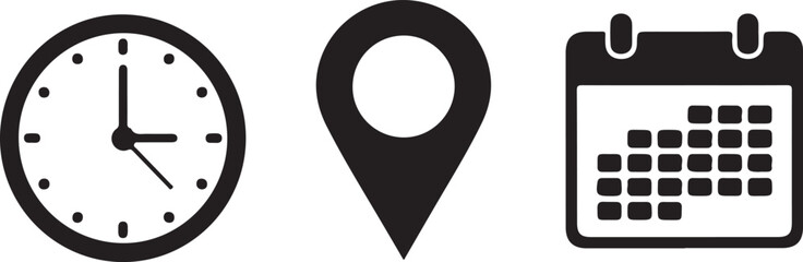 Clock Location Pin and Calendar Icons Black and White Keywords: clock, time, calendar, date