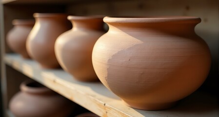 Handmade clay pots displayed on a wooden shelf, highlighting traditional pottery craft.