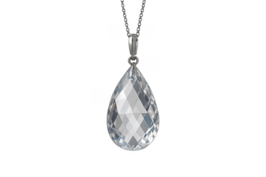 Faceted teardrop crystal pendant hanging on silver chain - Powered by Adobe
