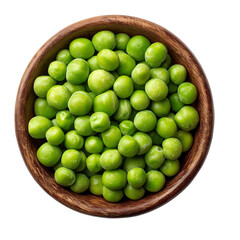 Green peas on wooden bowl top view isolated on transparent background