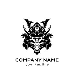 A fierce dragon head wearing a traditional Japanese samurai helmet, designed as a black and white company logo.