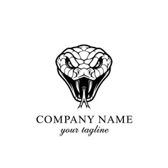 Black and white illustration of a snake head with an open mouth and fangs.