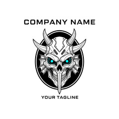 A striking black and white illustration of a demonic skull with glowing blue eyes and sharp horns, set within a circular frame, suitable for a company logo.