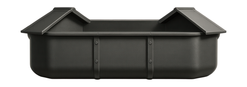 Rural rainwater trough to collect runoff from various roof angles with linked sections.