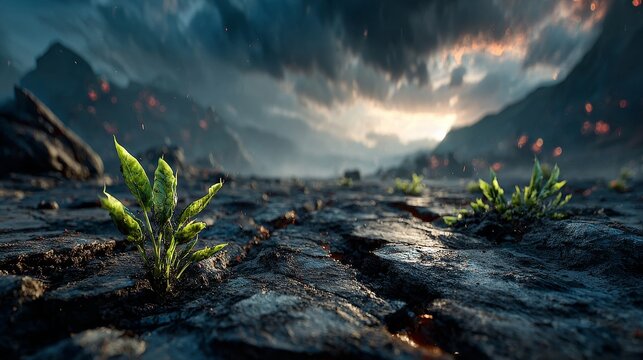 Symbolic rebirth in a barren prehistoric land with first green sprouts emerging through ash, cinematic lighting highlighting hope and renewal, panoramic dramatic composition in ultra-realistic detail.