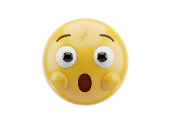 Fototapeta premium Close up of a yellow emoji face with wide eyes and an open mouth expressing shock or surprise isolated on a white background