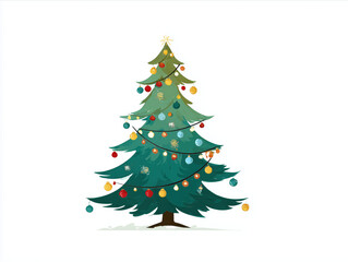 Fototapeta premium Cute illustrated Christmas tree decorated with colorful baubles and glowing string lights — cheerful festive vector perfect for greeting cards, invitations, children’s designs, and holiday print.