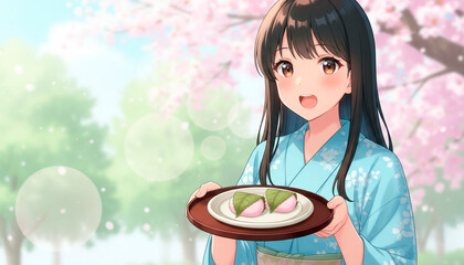 道明寺の桜餅を掲げる女性