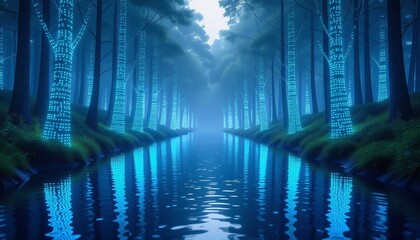 Futuristic river flows through glowing fiberoptic forest, holographic reflections shimmer