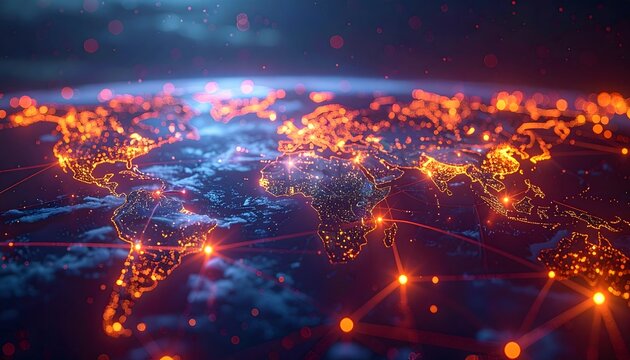Conceptual 3D render showing data flowing across complex cross-border frameworks, represented by glowing, interconnected geometric spheres. Focus on data governance and regulatory challenge