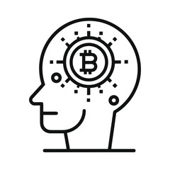 Man with bitcoin symbol in head representing cryptocurrency thinking and ideas
