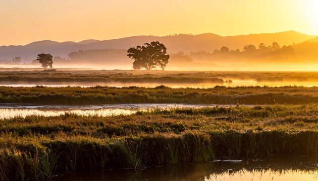 Sunrise over a misty wetland