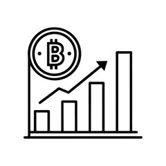 Black outline bitcoin growth chart icon on white background