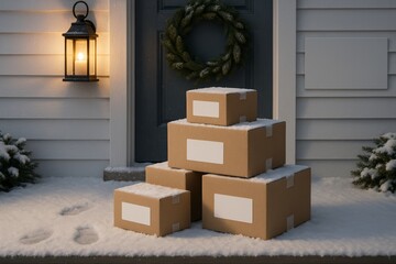 Snow-covered cardboard delivery boxes stacked on winter porch near holiday wreath and lantern light at front door during festive evening scene. Ai generative