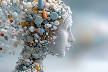 An abstract image showing various pharmaceutical pills and capsules forming the shape of a human head, representing medical and scientific concepts.