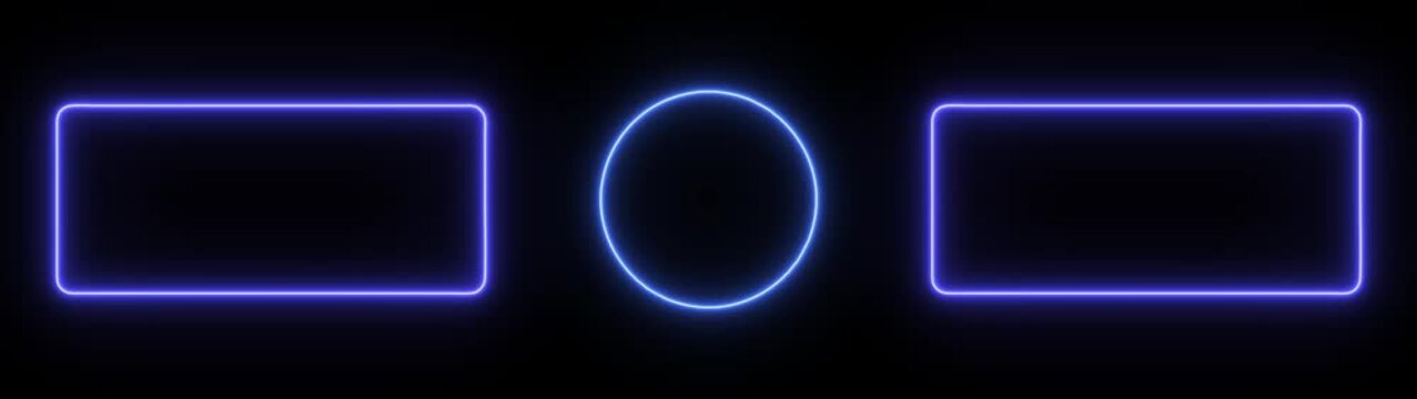Abstract glowing geometric rectangle and circle frame on black background. neon geometric frame glowing animation.