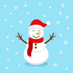 cheerful snowman with santa hat and red scarf vector illustration