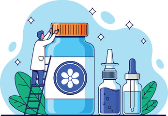 Medical Researcher Adjusting Giant Medicine Bottle in a Pharmaceutical Lab for Innovative Healthcare Solutions, Using Herbal Flower Ingredients, Modern Cartoon Illustration Style for Health Presentati