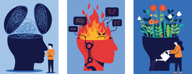 Illustrations Depicting Mental Health and Personal Growth: Tangled Thoughts, Overcoming Anger, and Cultivating Positive Thinking for Improved Well-being, Personal Development, Professional Productivit