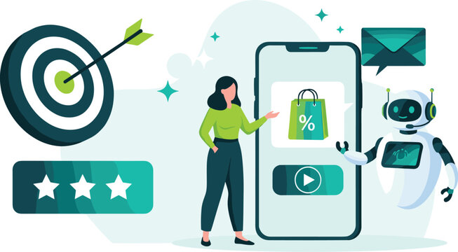 E-Commerce Customer Success: Woman Engages with Mobile Shopping App, Targeted Marketing, and Chatbot Support for Personalized Online Retail Experience, Aiming for High Ratings and Conversions in Moder