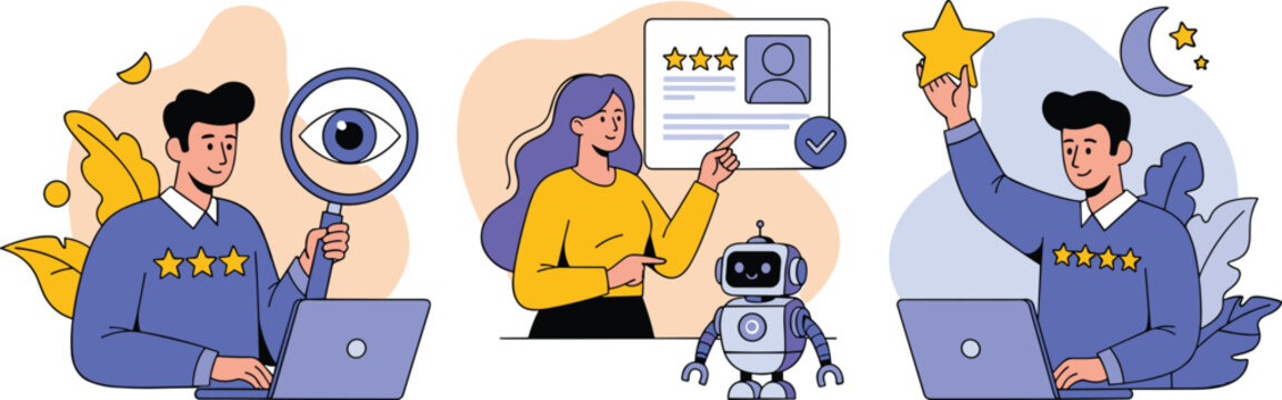 Modern Business Team Collaboration Evaluating Performance with AI Assistant, Promoting Positive Feedback and High Ratings, Analyzing Data with Laptop Computers in a Virtual Workspace, Illustrative Gra