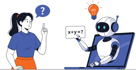 Woman Seeking Solution from AI Tutor on Laptop for Math Problem: Modern Education Technology Connecting Student with Smart Robot for Tutoring, Learning, and Knowledge with Innovation and Imagination,