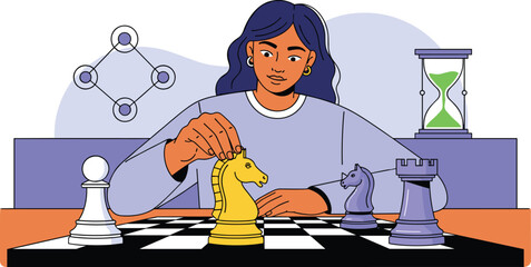 Woman Strategizing Chess Move on Checkered Board with Hourglass in Modern Office Setting, Depicting Strategic Thinking and Decision Making for Business Planning and Project Management. Colorful Illust