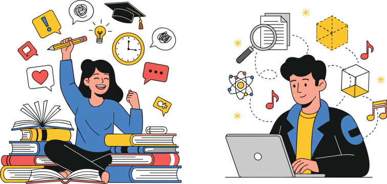 Diverse Students Learning and Studying Online and Traditionally with Books for Education and Knowledge Development, Engaging with Tech, Brainstorming Ideas, in a Colorful Vector Illustration for Prese