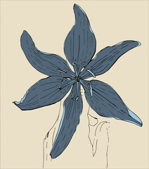 A vector illustration of a lily flower with a hand. A girl holds a lily in her palm. The illustration is in color, in autumn shades.