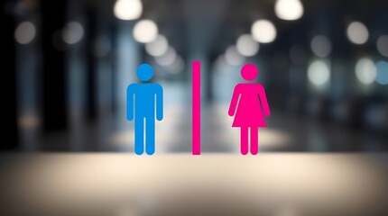 Male and Female Restroom Vector Symbols with Blue and Pink Silhouettes on Bright Bokeh Background, Public Facility Gender Icons for Washrooms, Entrances, and Changing Rooms.