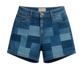 Denim shorts featuring a patchwork design in various blue tones with contrast stitching.