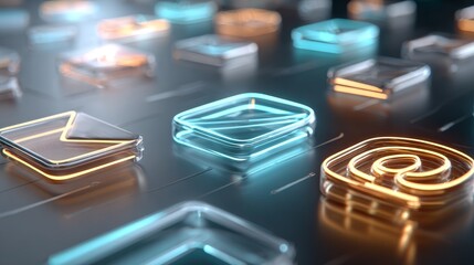 Showcases modern digital email icons with glowing effects on a sleek, high-tech surface, representing electronic communication.