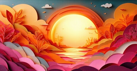 Papercraft landscape depicts sunset over water. Vibrant colors create warm, serene atmosphere. Foliage frames glowing horizon.