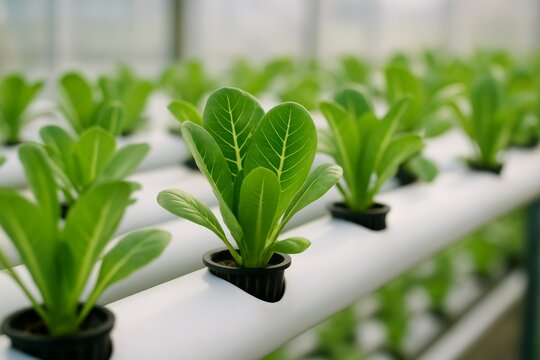 Close-up of young green lettuce plants growing in a modern hydroponic system inside a greenhouse environment, focused on sustainable agriculture concept. Ai generative