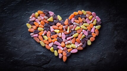 Colorful Candy Heart Arrangement on Dark Slate Background for Sweet Celebrations and Festive Occasions