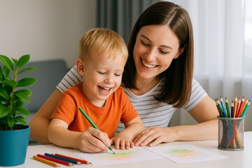 Happy mother and child drawing together with colored pencils at home in bright room, enjoying creative time and bonding through art and laughter. Ai generative