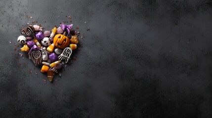 Heart-Shaped Assortment of Colorful Chocolates and Candies on Dark Background, Perfect for Halloween and Festive Occasions