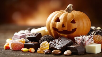 Festive Halloween Pumpkin Surrounded by Assorted Chocolates and Candies on a Wooden Surface