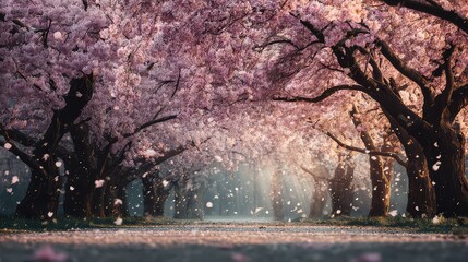 Serene Pathway Through Pink Cherry Blossom Trees with Sunlight Filtering Through Petals in Tranquil Nature Scene