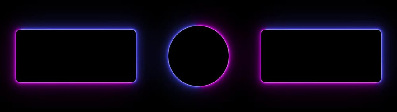 Abstract glowing geometric rectangle and circle frame on black background. neon geometric frame glowing animation.