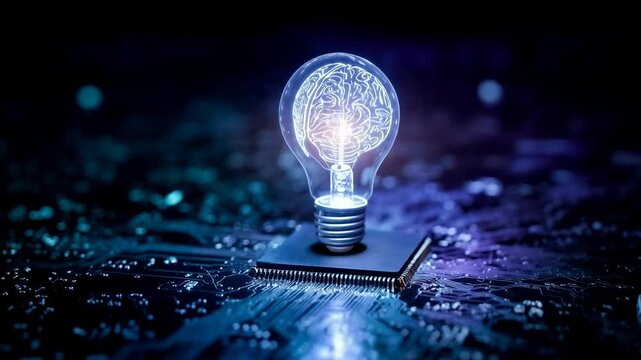 A brain‑shaped filament glows inside a lightbulb set on a silicon chip; a futuristic emblem of AI creativity, data innovation and human‑machine intelligence for tech explainers, startup decks and prod
