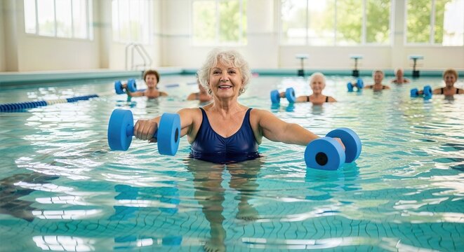 Energetic Senior Woman Executing Aerobics in Vibrant Aquatic Environment Symbolizing Healthy, Active Living for Corporate Websites and Presentations.