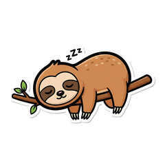 Naklejka premium Cute cartoon sloth sleeping on a tree branch isolated on white background