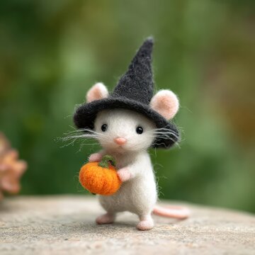 Un adorable rat&oacute;n de fieltro vestido de brujo sostiene una calabaza.