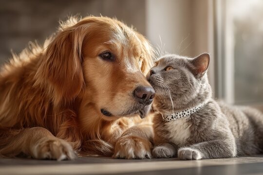 Golden retriever and gray cat sharing a tender moment, resting together on a cozy floor, showcasing the bond between pets in a warm and inviting home environment - Powered by Adobe