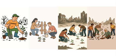 Obraz premium Minimalist flat vector illustration of volunteers restoring nature after war. Depicts people replanting trees, cleaning debris, and rebuilding the environment. Perfect for sustainability, eco-recovery